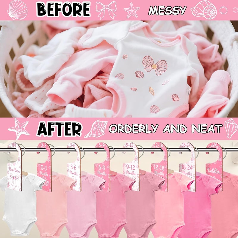CORNER LACE Baby Closet Dividers 8PCS, Pink Shell & Bows Themed Wooden Double-Sided Clothes Size Hanger/Organizer from Newborn to Toddler for Nursery Decor Baby Shower Birthday Party Gift - Image 3
